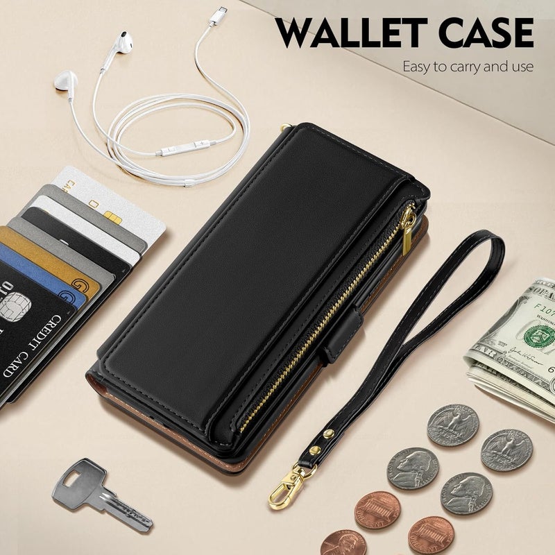 Antsturdy Compatible with iPhone 16 Pro Max Wallet Case,RFID Blocking PU Leather Phone Case Women Men Kickstand flip Cover Wrist Strap Zipper Credit Card Holder Slots for Apple 16 ProMax,Black - Image 3